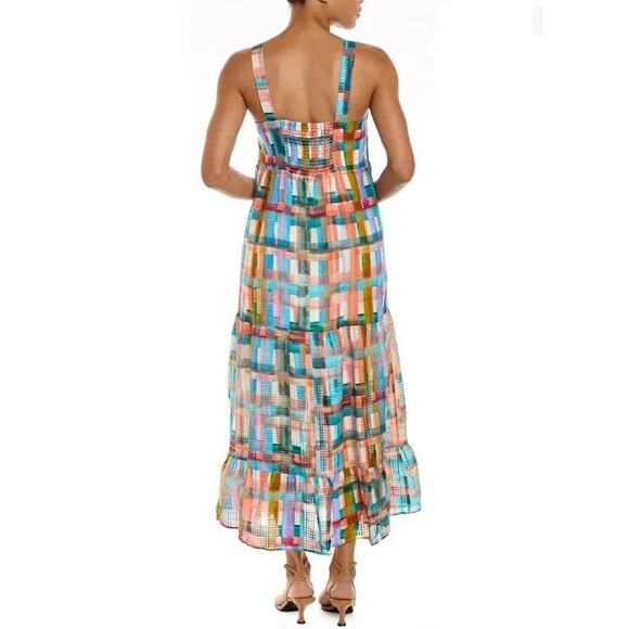 Marie Oliver Petra Multicolor Plaid Sleeveless Square Neck Flounce Midi Dress S - Picture 6 of 9
